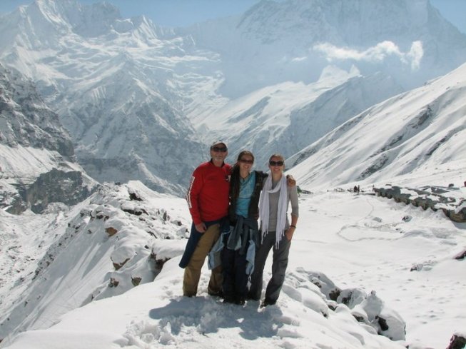 Dad Sue and Sara at Annapurna Basecamp in Nepal - photo provided by Sue Bedford - MissMaps.com Featured Female Traveler