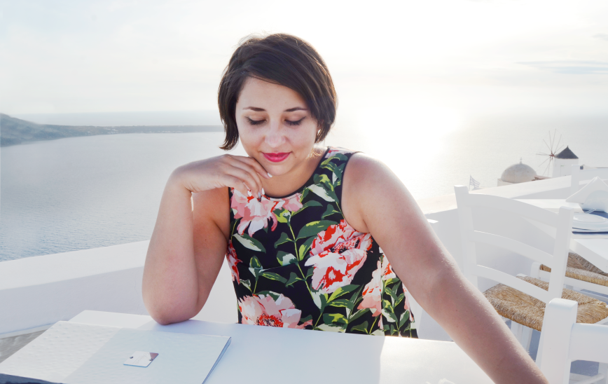 Elizabeth and the Sunset - Santorini Greece - MissMaps.com Featured Female Traveler